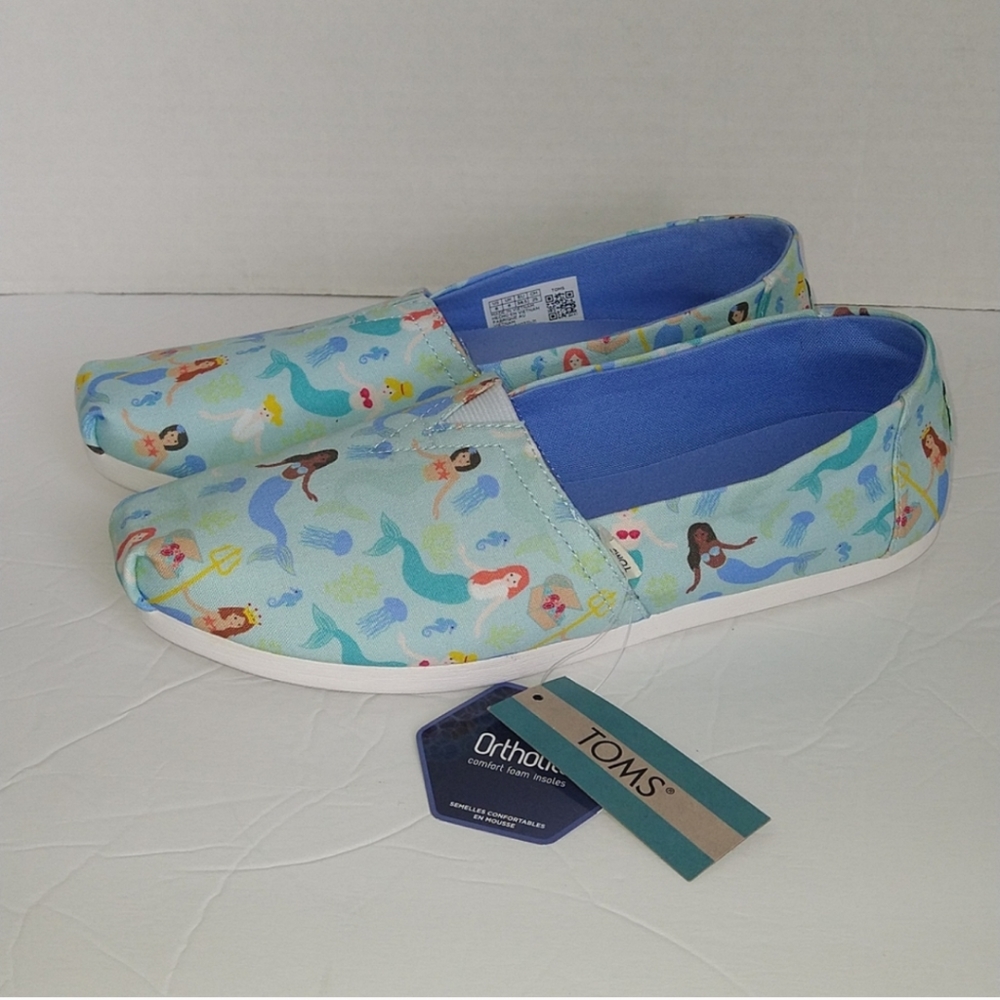 Toms Alpargata Slip-on Flats Sneakers Shoes Blue Mermaid Party Print Sz 8.5